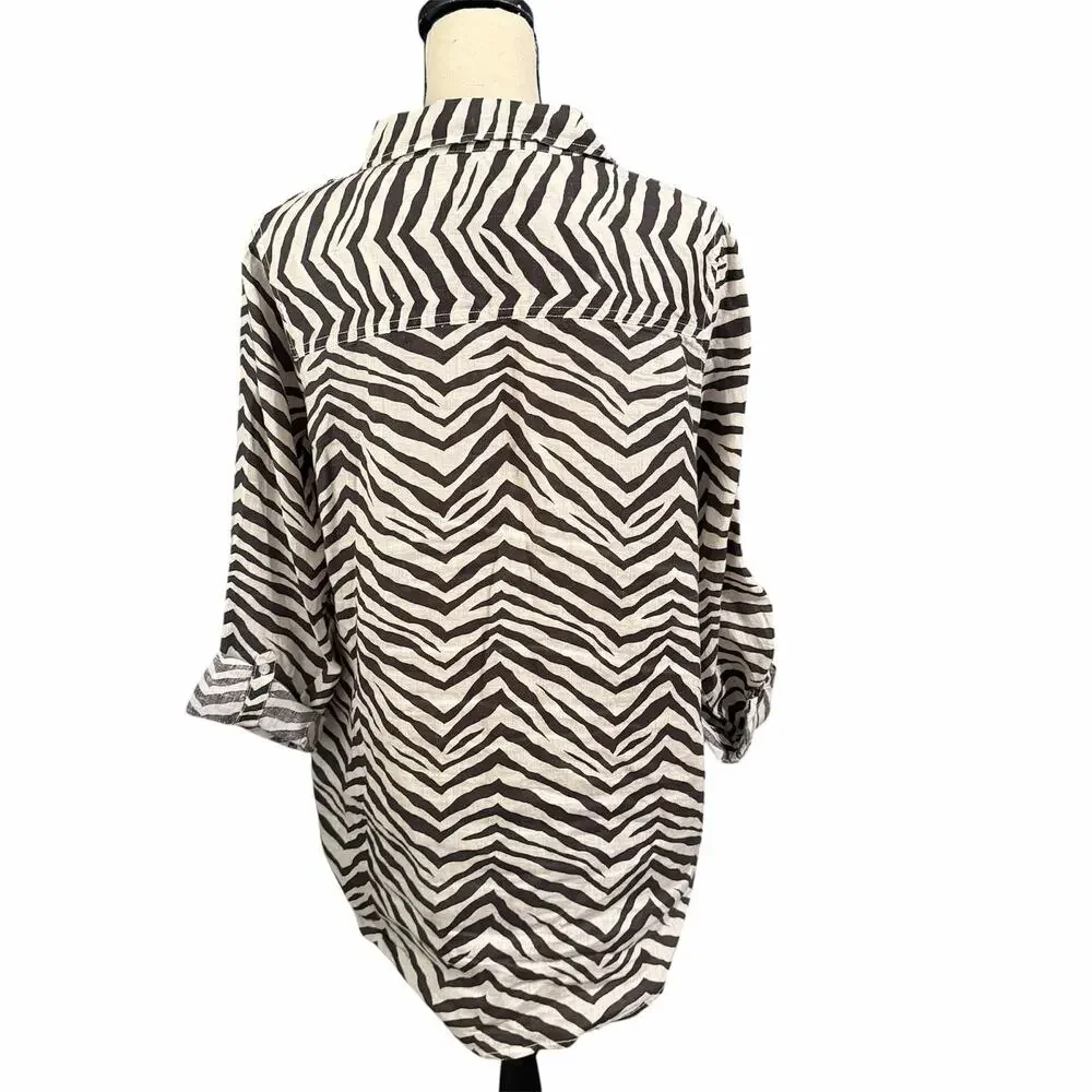 Tahari Wmn Cream Zebra Print 100% Linen Lagenlook Roll Tab Sleeve Tunic Top Sz L - Picture 3 of 5